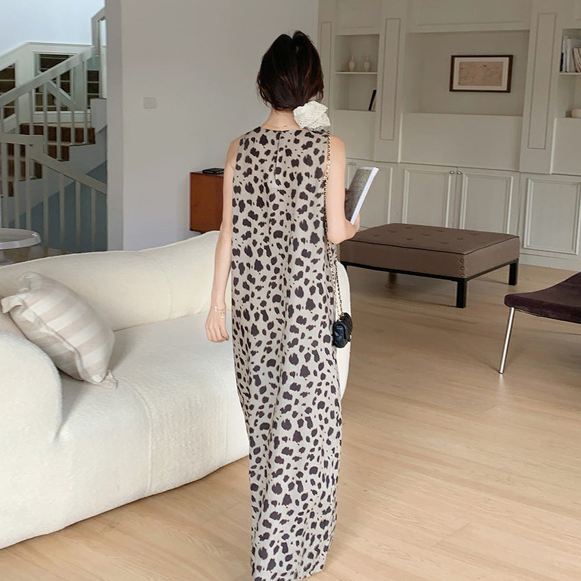 【ワンピース】大人可愛い ヒョウ柄 ノースリーブワンピース 夏 タンクトップ風 ロング丈【SHシリーズ】