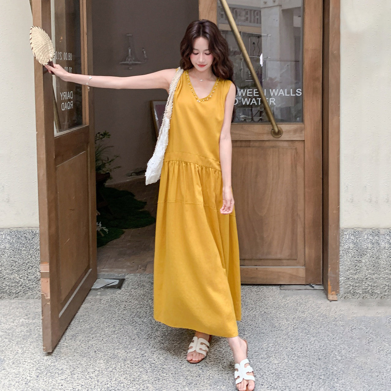 【ワンピース】Vネック ノースリーブ ワンピース レディース 夏 ロング丈 ゆったり 体型カバー 抜け感 大人可愛い【JZシリーズ】