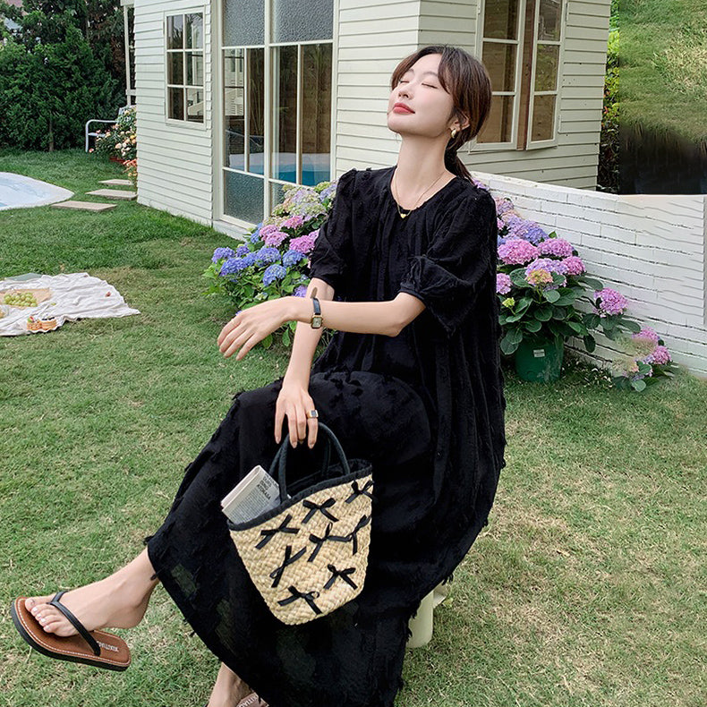 【ワンピース】切り替え 夏新作 ヘップバーン風 シンプルゆったり 半袖ワンピース