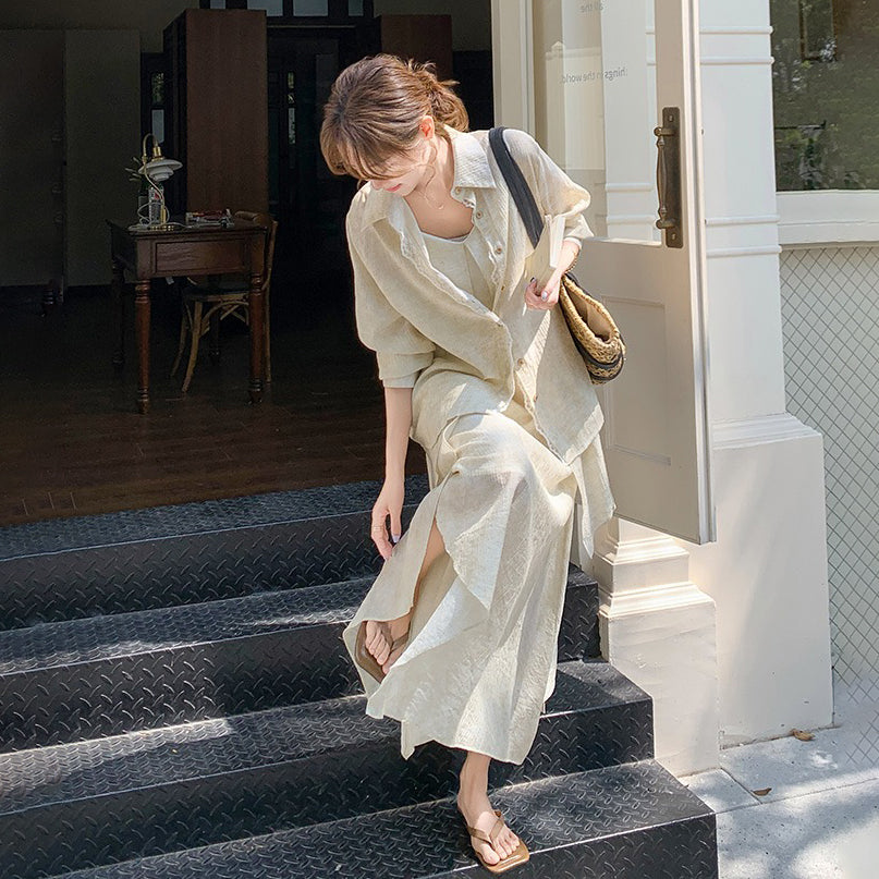 2点セット!【セットアップ】フレンチ エレガント レースシャツ+キャミワンピースセット レディース 春夏秋 甘めスタイル ユニークで美しい 2点セット【JZシリーズ】