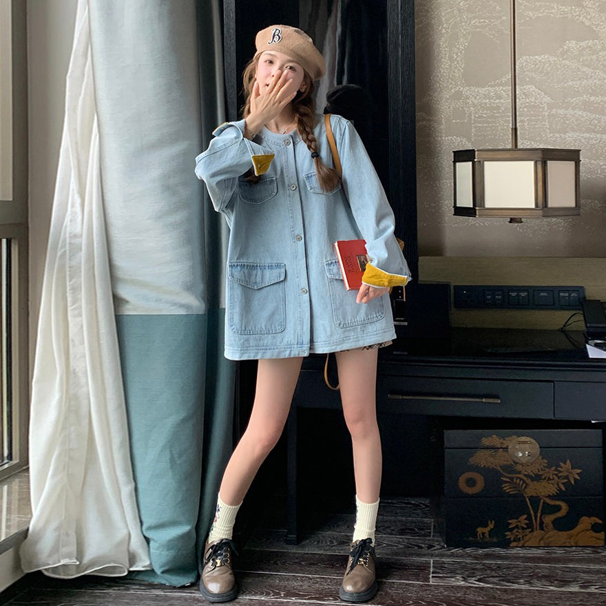 【アウター】ライトブルー デニムジャケット レディース 春秋 韓国風 カジュアル ウォッシュ加工 ゆったり【JZシリーズ】