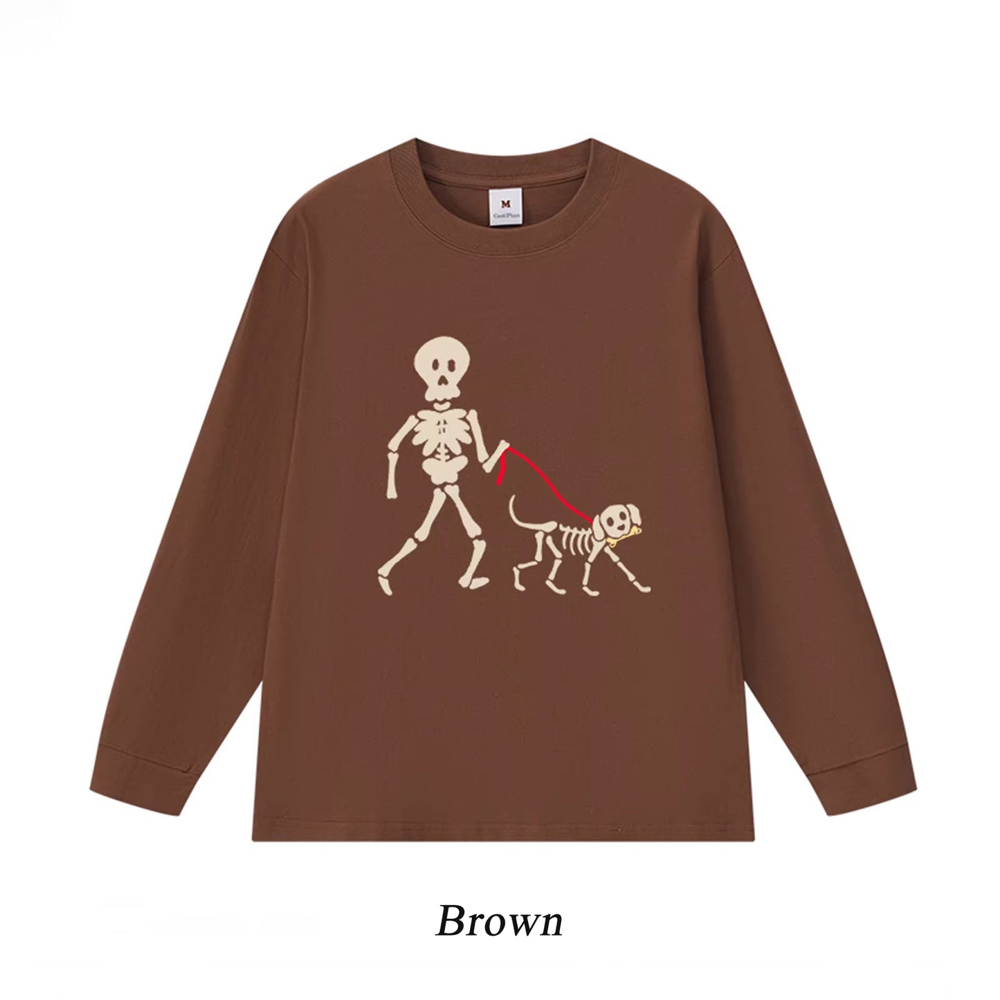 6カラー | S~3XL【トップス】スカル犬 散歩プリント Tシャツ 長袖 ユニセックス ペットオーナー向け カジュアル【FCシリーズ】