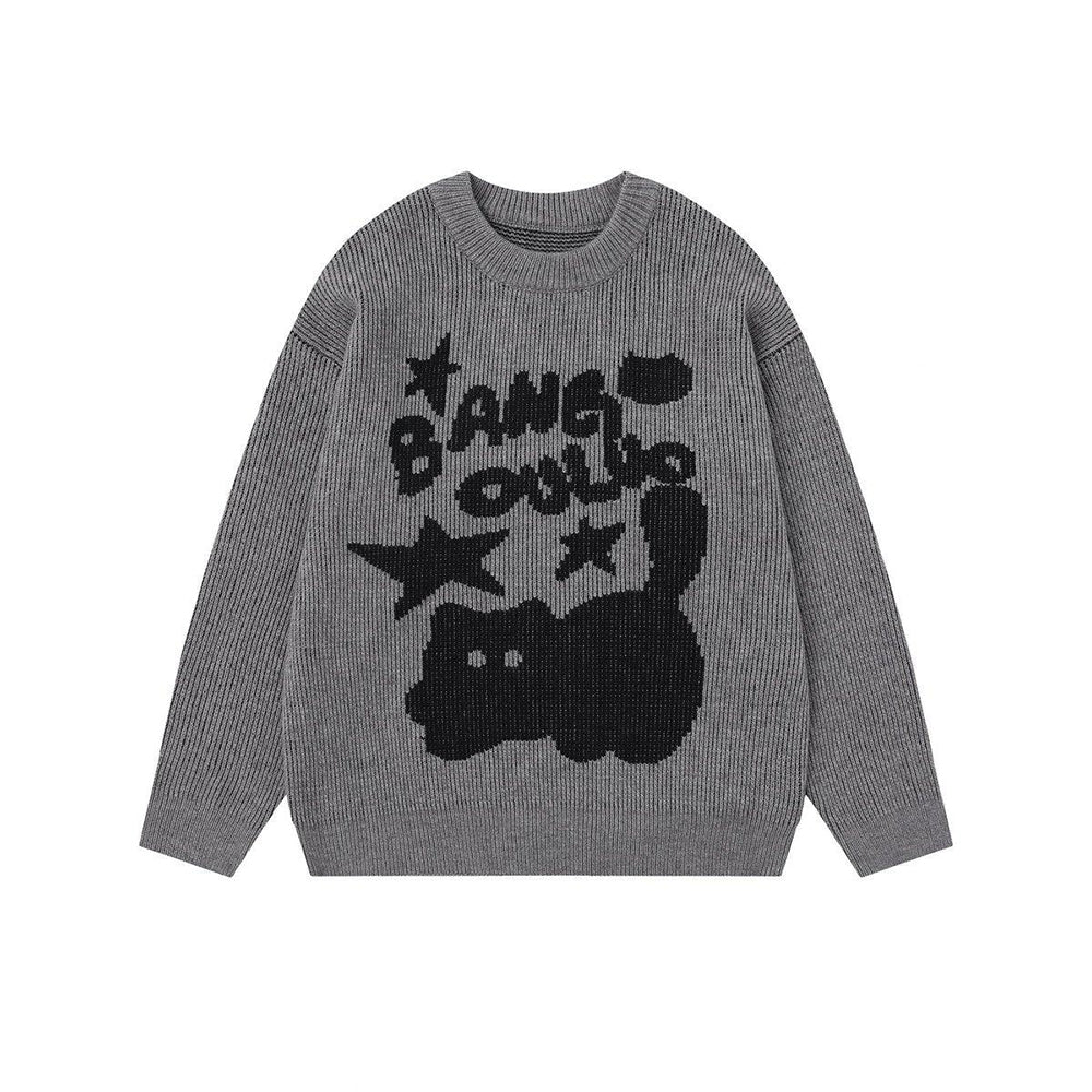 【トップス】アメリカンレトロ 猫柄ジャカード クルーネック ニット レディース 秋 ゆったり ルーズ シンプル 着回し セーター【FCシリーズ】