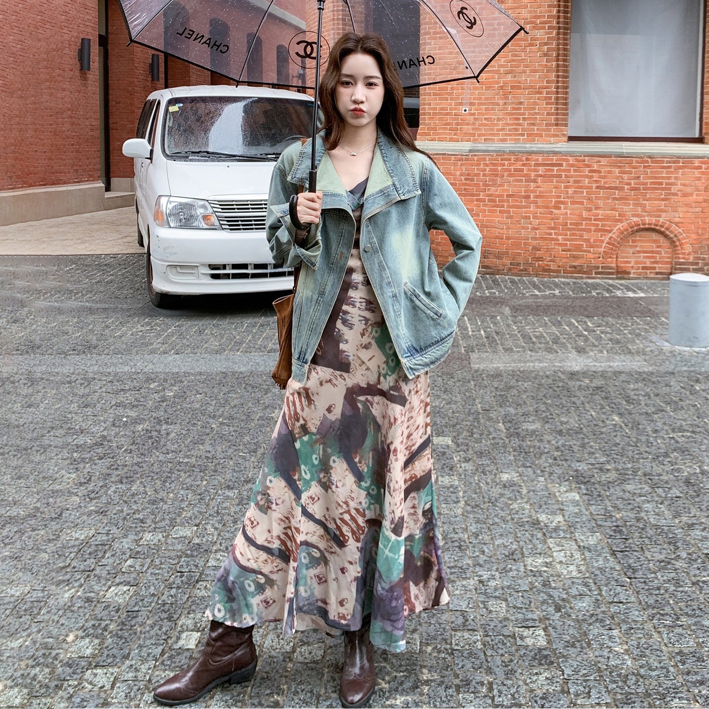 【セットアップ 】レトロデニムジャケット+花柄キャミワンピースレディース 春秋2025新作 上品ノースリーブワンピース 人気2点セット【SHシリーズ】