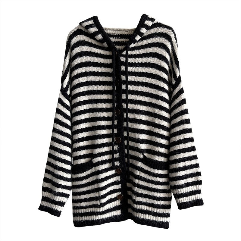 【トップス】秋冬 カジュアル 配色 ストライプ柄 ルーズ フード付き セーター【JZシリーズ】