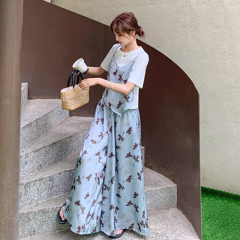 2点セット!【セットアップ】レイヤード風Tシャツ×花柄ワイドパンツ 上下セット 夏 可愛くておしゃれ【SHシリーズ】