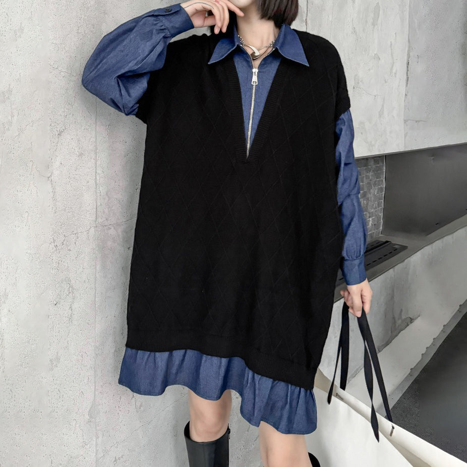 【ワンピース】デニム切り替えニットワンピース レディース 秋冬新作 ゆったりシルエット カジュアル長袖セーター ワンピース【AHシリーズ】