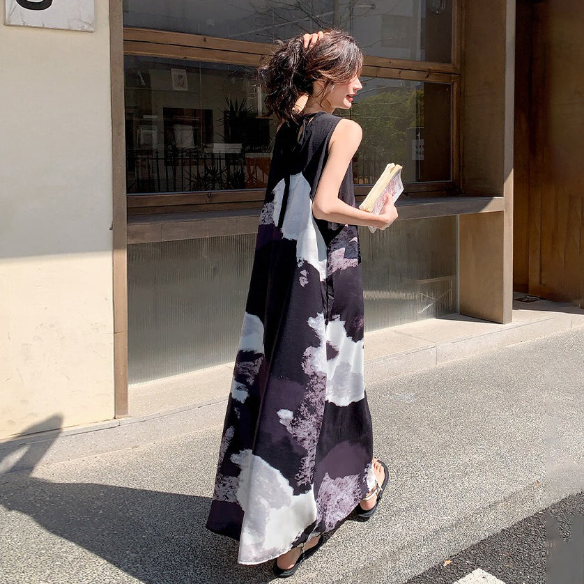 【ワンピース】夏新作 レトロ水墨風プリント リラックス感Vネック ノースリーブワンピース【SHシリーズ】