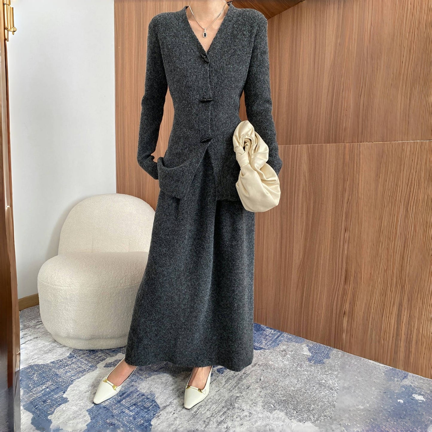 【セットアップ】春秋冬 Vネック ニット カーディガン セーター + エレガント スカート 2点上下セット 【SNシリーズ】