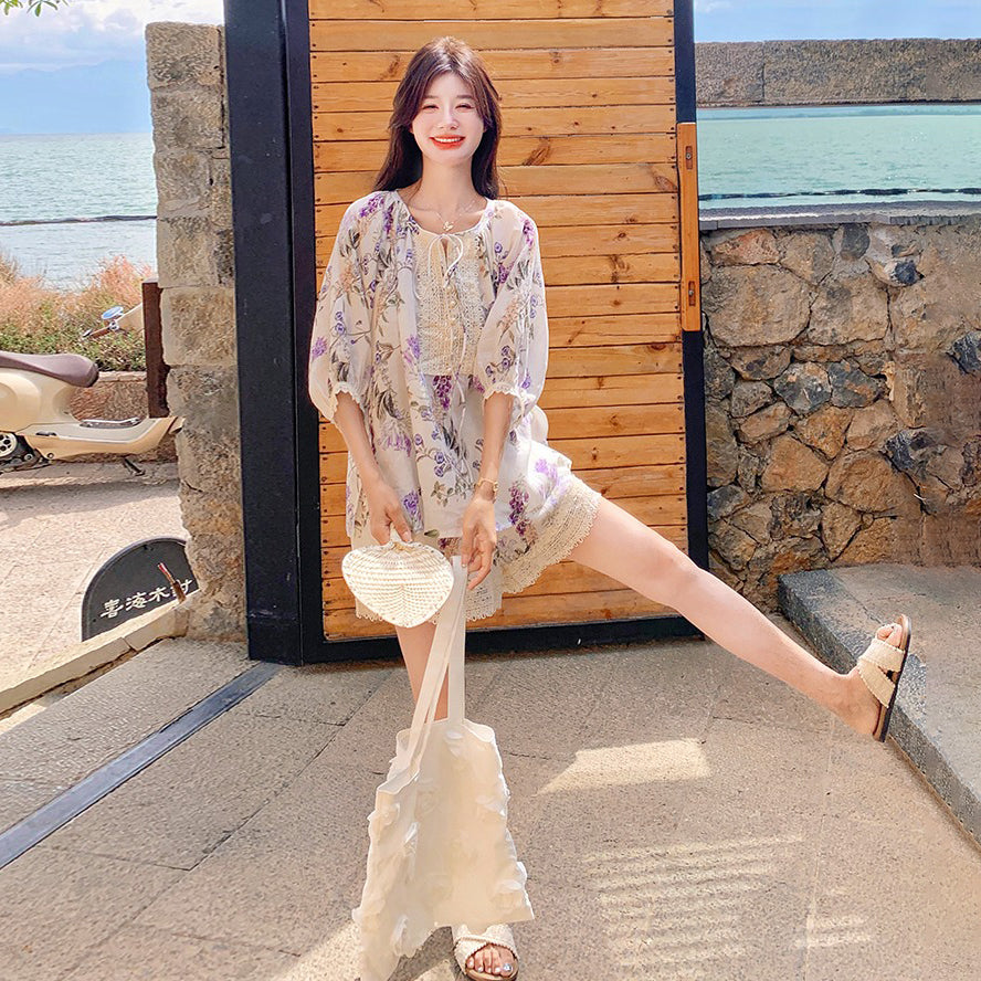 2点セット!【セットアップ】リゾート風 レース プリントブラウス+ショートパンツ 上下セット 体型カバー 若見えコーデ【SHシリーズ】