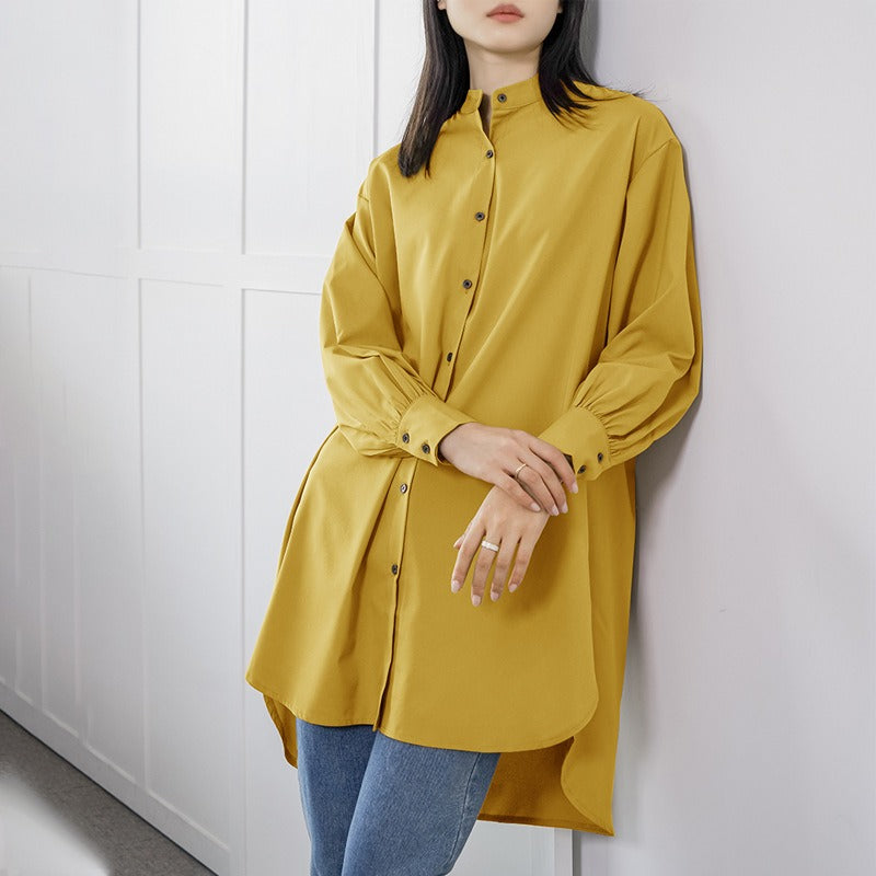 【トップス】春秋 ゆったり 無地 ミドル丈 ランタンスリーブ シャツ