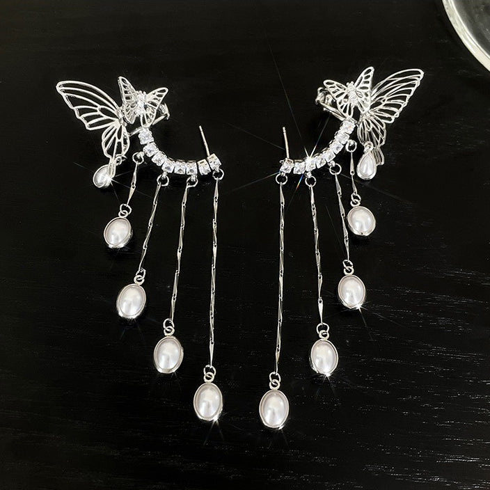 【🎁 B2G1|先行スタート!】【グッズ】蝶モチーフ メッシュタッセル イヤーカフ イヤリング一体型 小众 高級感 レディース ピアス