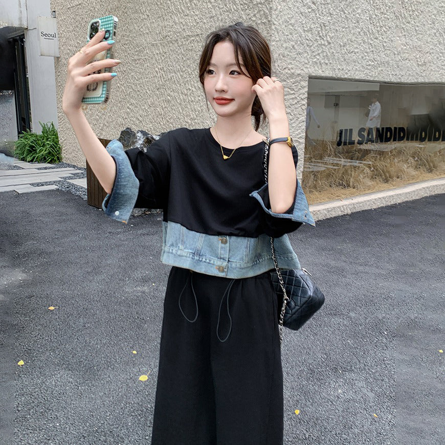 【ワンピース】 春秋 韓国風カジュアル デニム切り替え風フェイクレイヤード 長袖ワンピース レディース 【JZシリーズ】