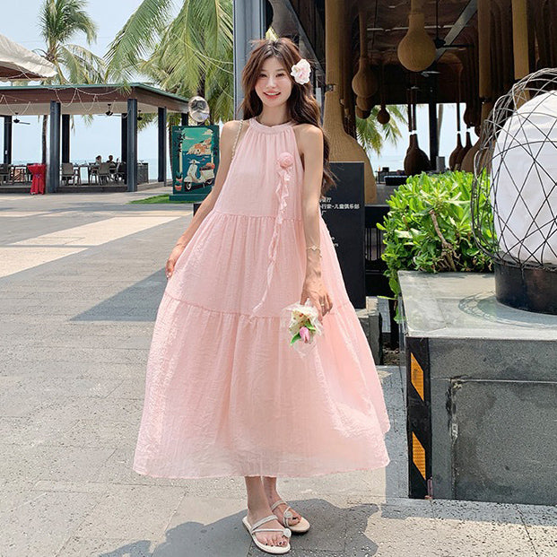 【ワンピース】夏 バカンス風 立体フラワー 甘め ハイネックノースリーブワンピース【JZシリーズ】