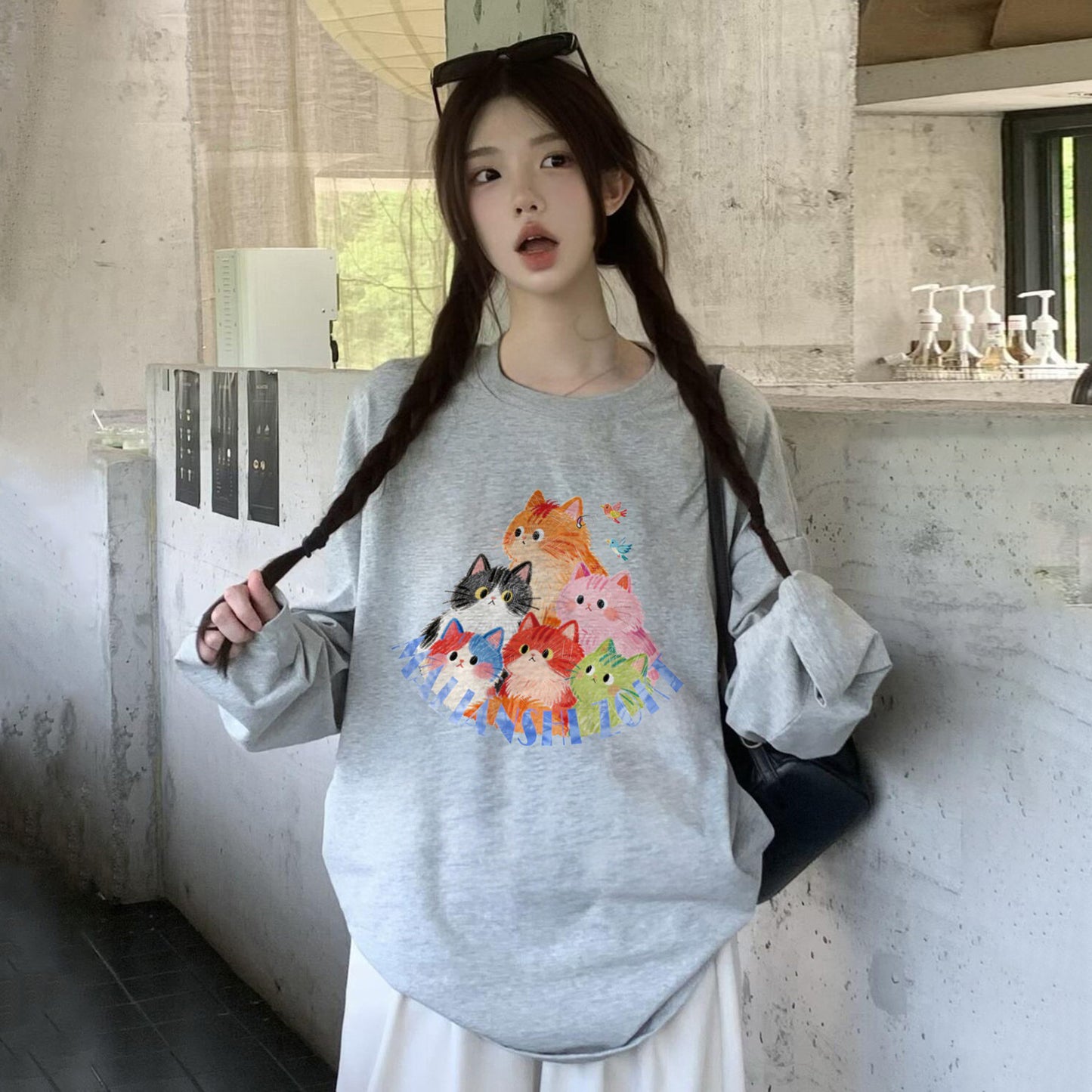 【トップス】猫柄 アメリカンレトロ 長袖Tシャツ レディース 春トレンド ゆるシルエット 高見え 人気急上昇 ストリートトップス【FCシリーズ】