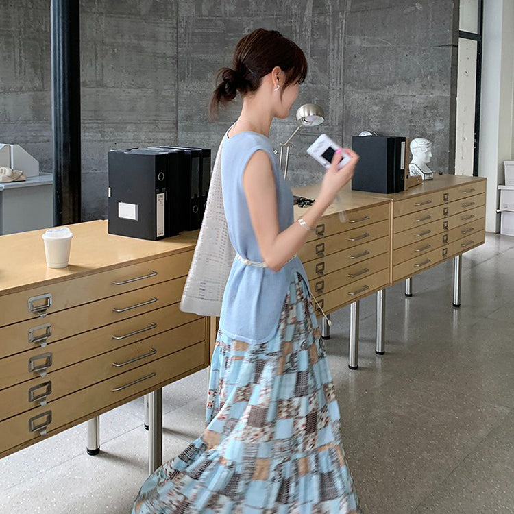 2点セット!【セットアップ】個性派ノースリーブニットトップス+花柄切り替えミモレ丈スカート 上下セット【SHシリーズ】