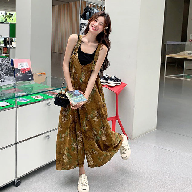 【ボトムス】エスニック調フラワープリント 夏新作 高級感 高見え ハイウエスト落ち感 オールインワン【SHシリーズ】