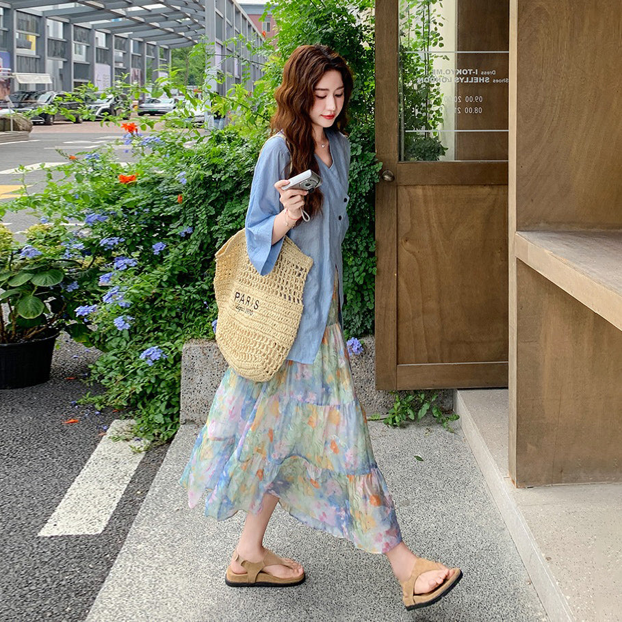 2点セット!【セットアップ】夏 韓国風 テンセルシャツ+アートプリントスカート 上下セット【SHシリーズ】