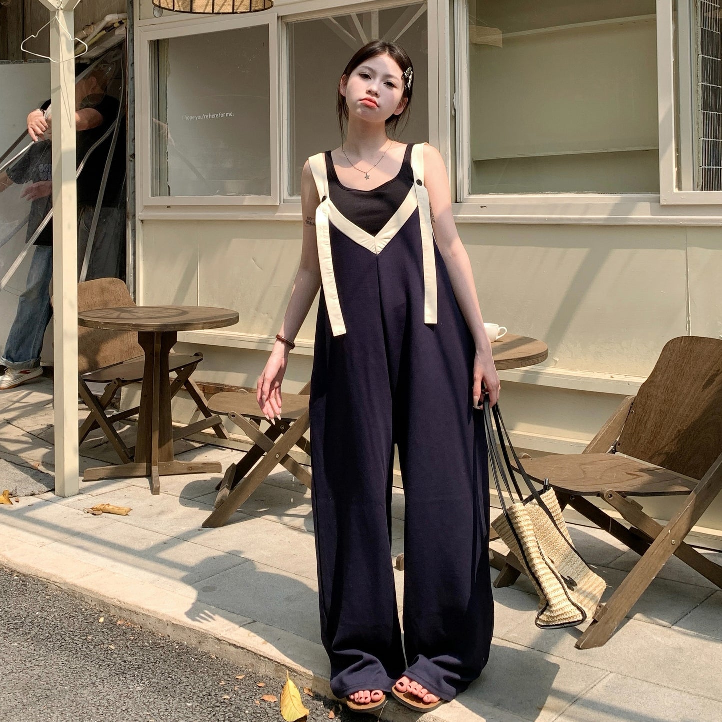 【ボトムス】ヴィンテージ配色Vネック ゆる系夏用カジュアルオールインワン