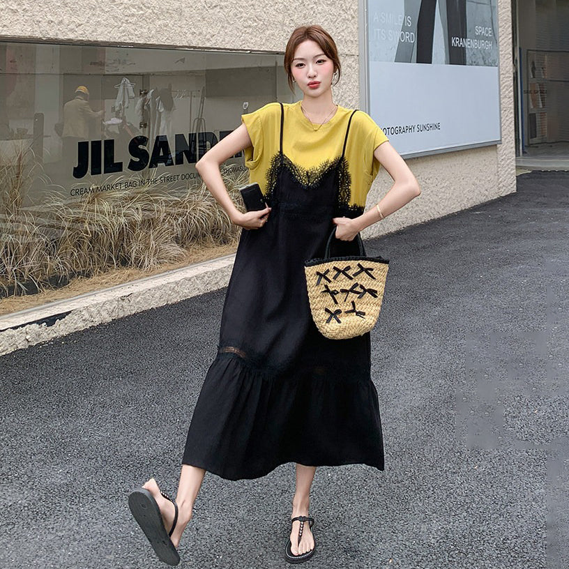 【ワンピース】レース ワンピース レディース 夏 レイヤード風 半袖 ロングワンピース 細見え 人気 韓国風 デザインワンピース【JZシリーズ】