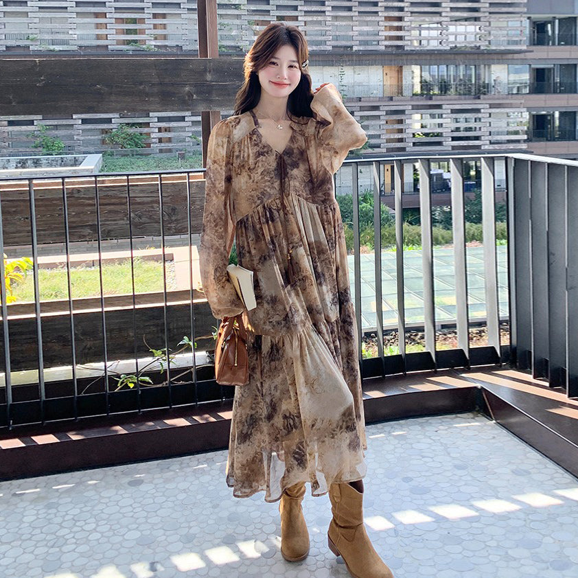 【ワンピース】タイダイ風 花柄シフォン 長袖ワンピース|Aライン ロングドレス【SHシリーズ】