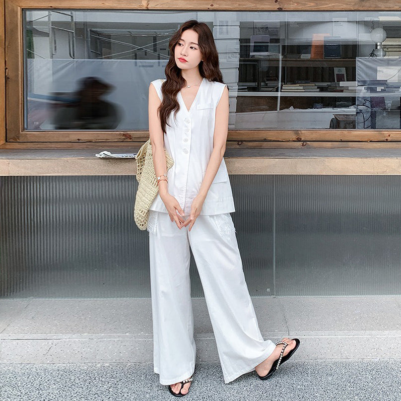 2点セット!【セットアップ】夏 通勤 レース切替 バックレス ベスト+ワイドパンツ 上下セット【JZシリーズ】【SNシリーズ】