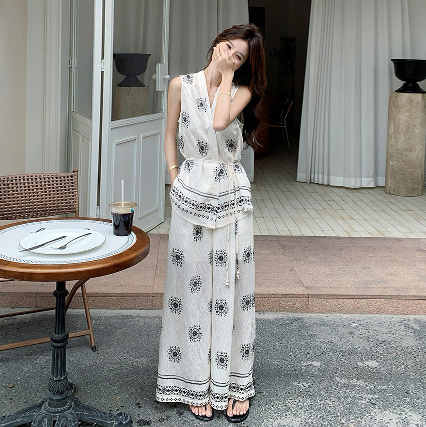 2点セット!【セットアップ】エスニック柄ベスト+ワイドパンツ 上下セットアップ 韓国風 夏 レディースコーデ【SHシリーズ】