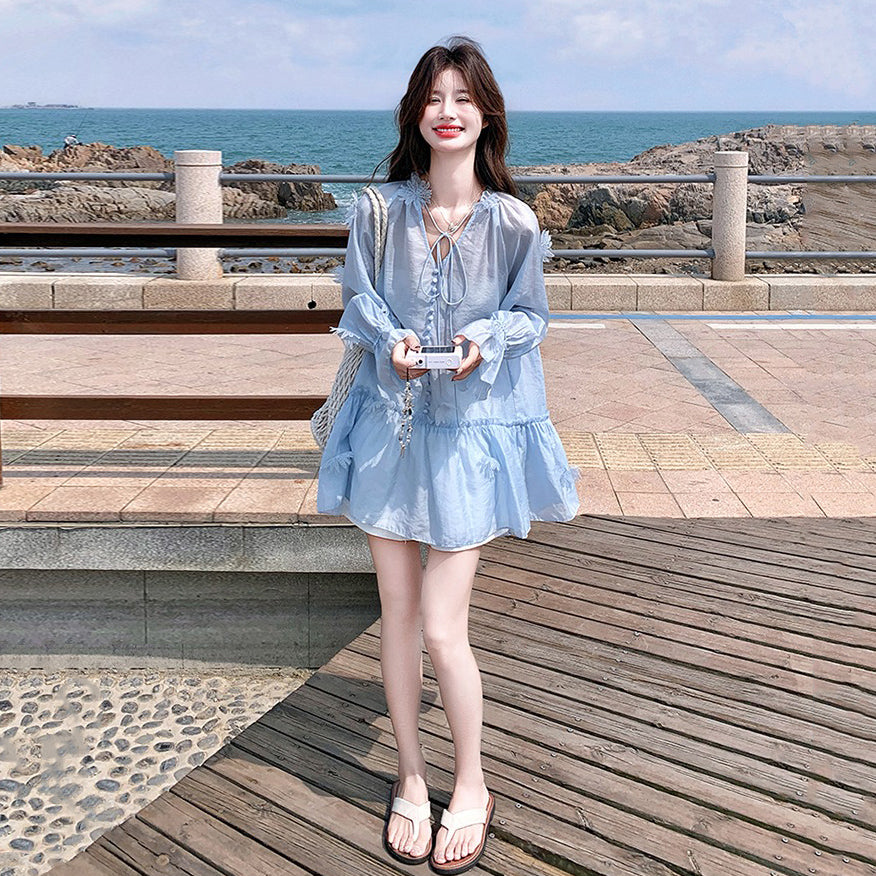 2点セット!【セットアップ】リゾート風 立体フラワー UVカット 長袖トップス+ショートパンツ 上下セット【SHシリーズ】