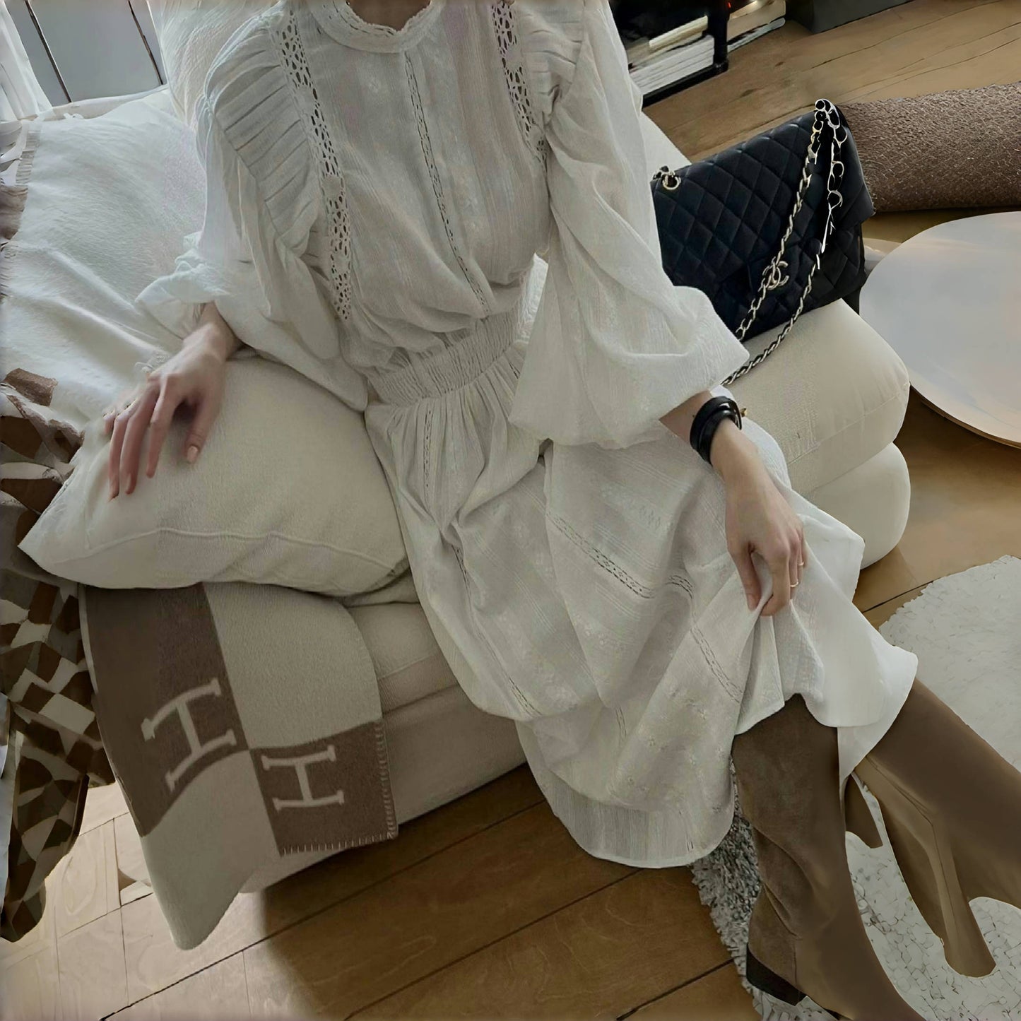 【ワンピース】春秋夏 韓国風 シンプル 透かし彫り レース 長袖ワンピース