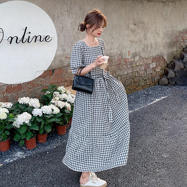 ワンピース】ヴィンテージチェック柄 スクエアネック 半袖
