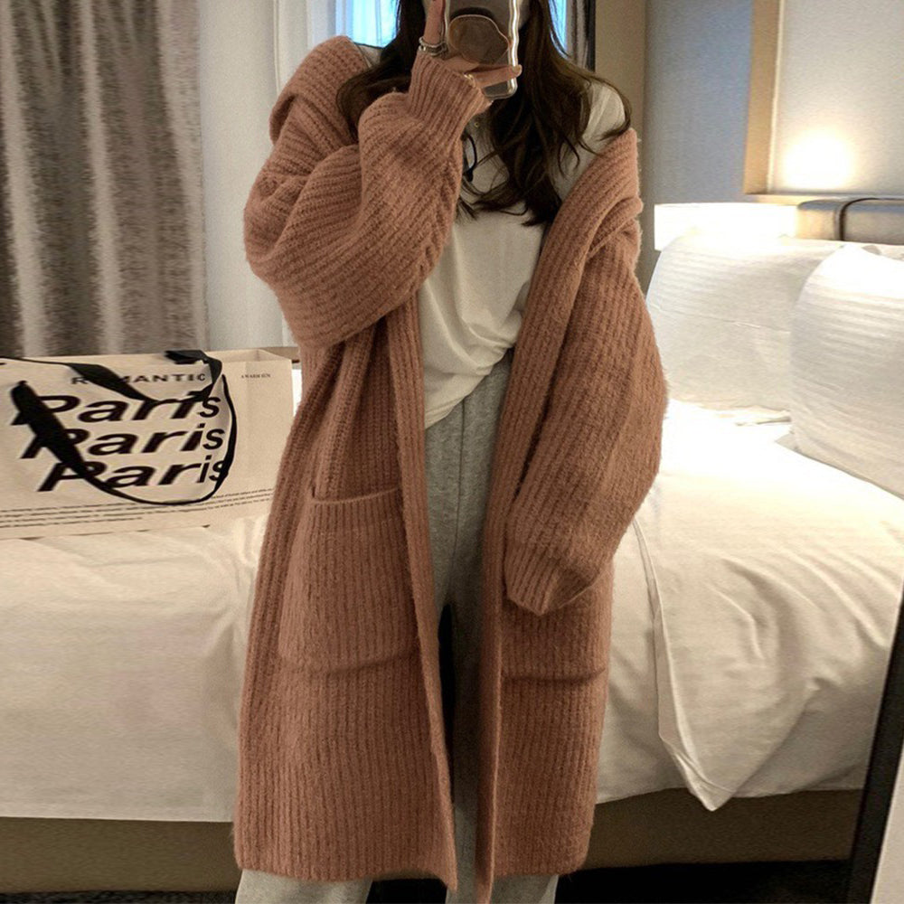 【アウター】秋冬 ゆったり 高級感 無地 フード付き ニットカーディガン