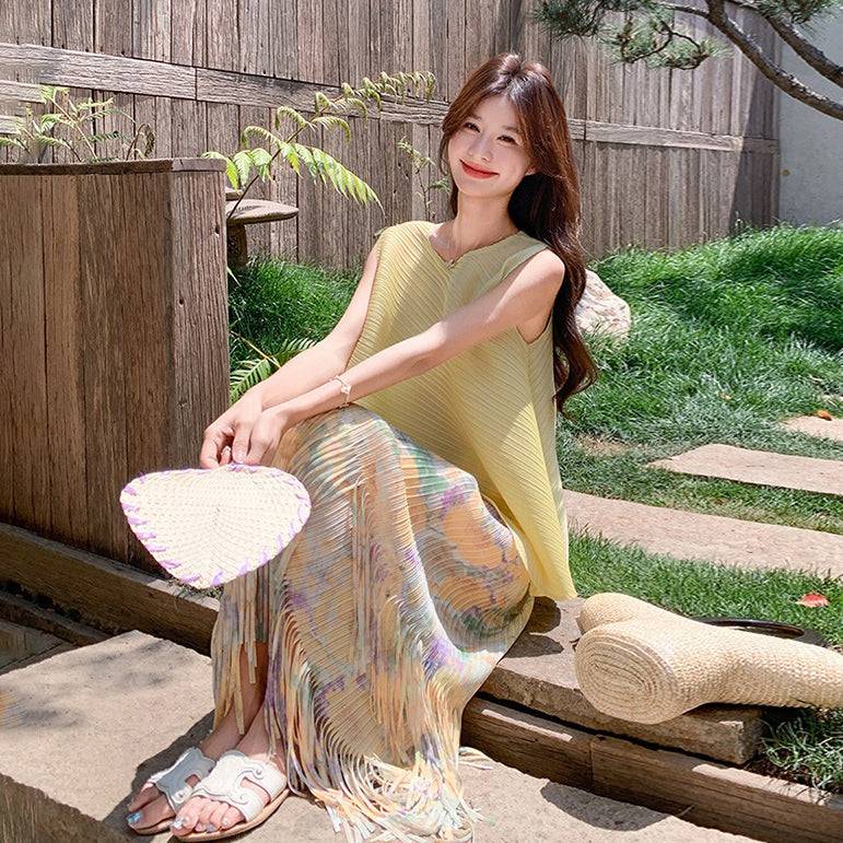 2点セット!【セットアップ】フレンチエレガンス 夏新作 ノースリーブトップス+フリンジスカート 気質セットアップ 上下セット【SHシリーズ】