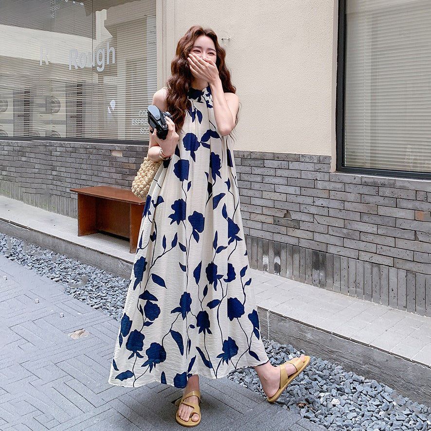 【ワンピース】リゾート風 夏 フレンチエレガンス ゆったりシルエット 足首丈 ノースリーブ花柄ワンピース【SHシリーズ】