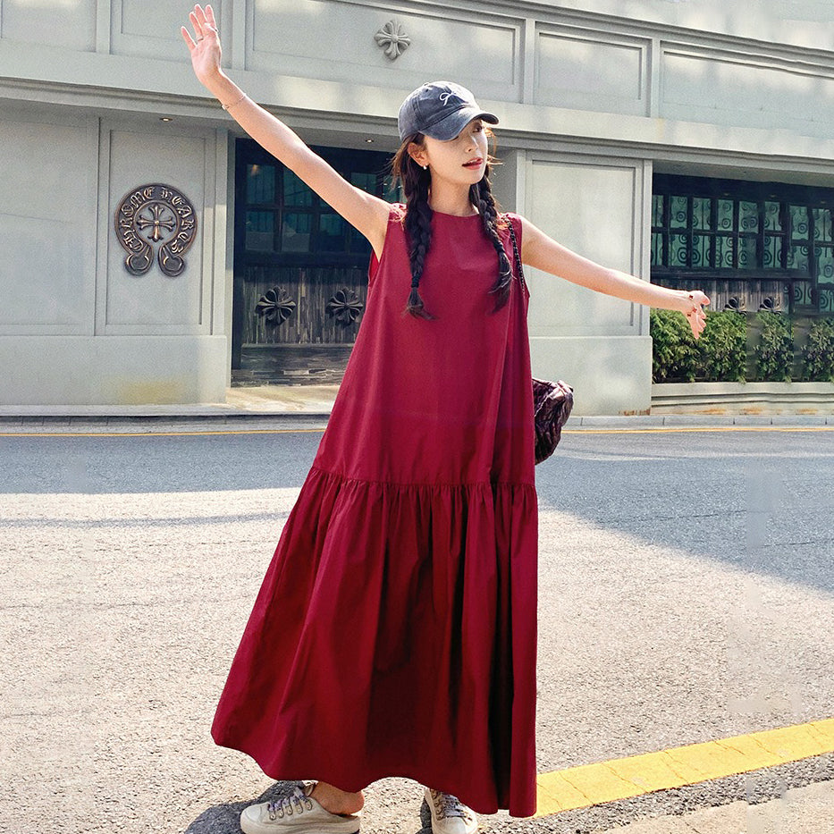 【ワンピース】夏新作 ゆったりシルエット 高級感 体型カバー抜群 ノースリーブワンピース