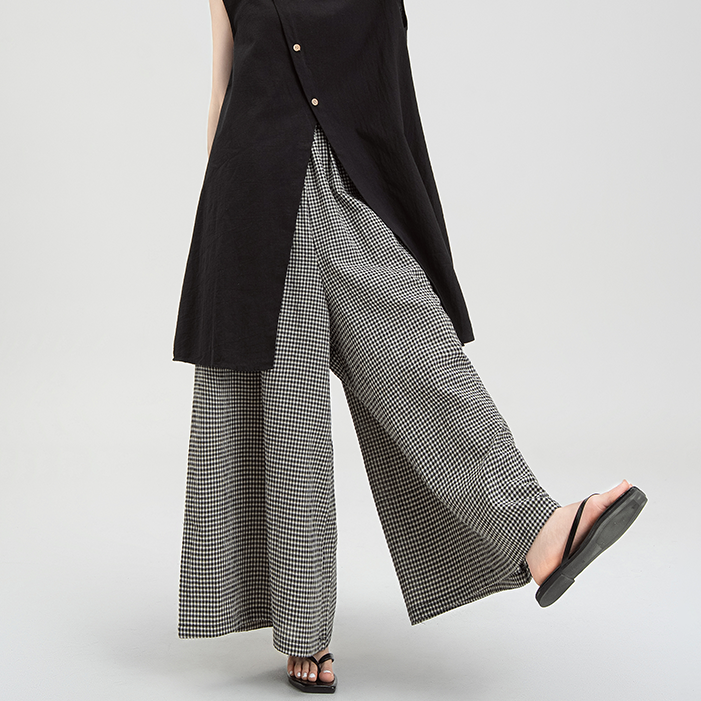 【単品注文】【セットアップ】夏新作 アシンメトリースリット ミドル丈ノースリーブトップス+ゆったりチェックワイドパンツ 上下セット【JZシリーズ】