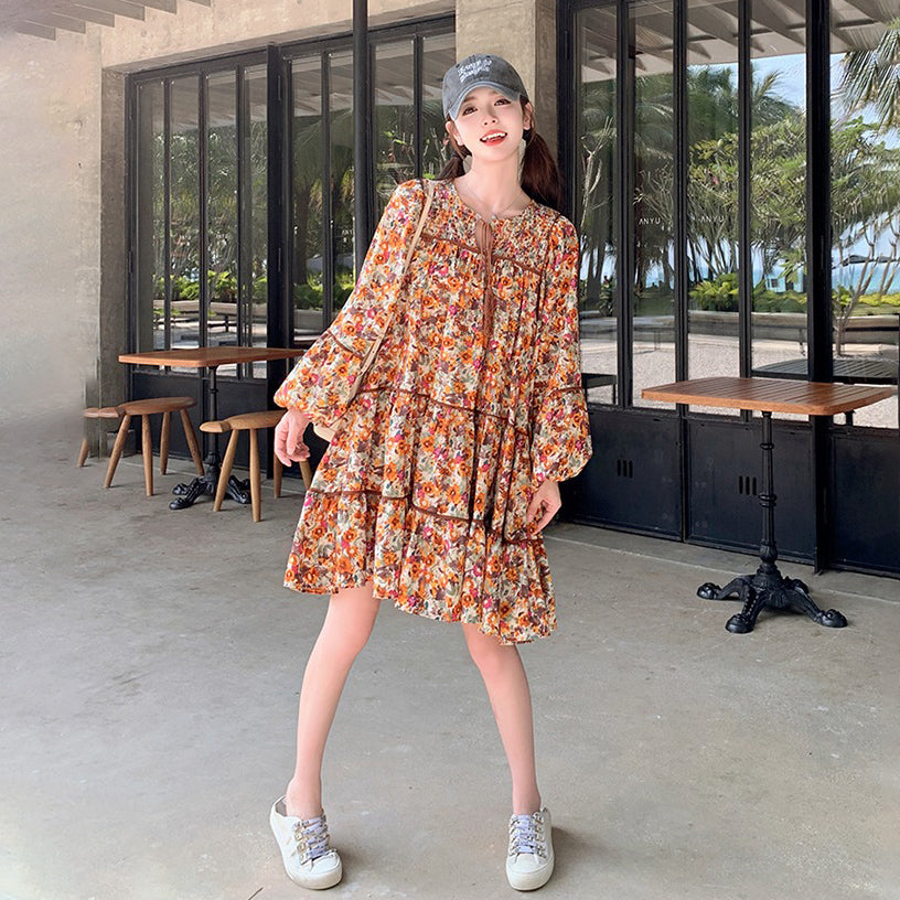 【ワンピース】ボヘミアン風 ファッション ビーチ 日焼け防止 フラワープリント 長袖ワンピース【SHシリーズ】