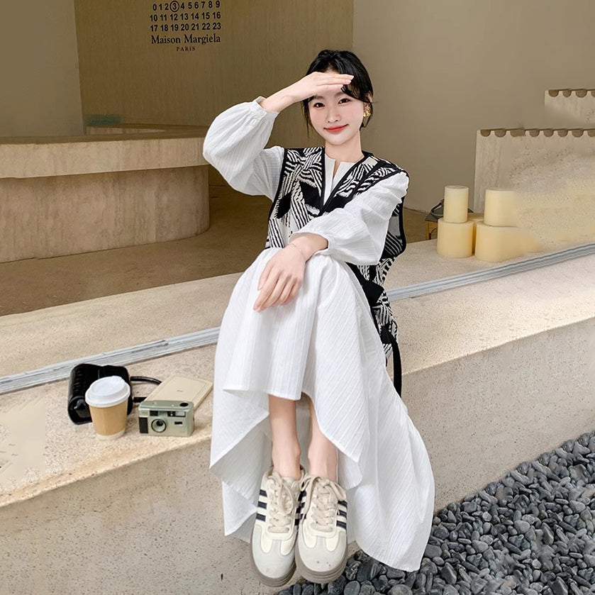 2点セット!【セットアップ】フレンチ上品 ホワイトワンピース+ヴィンテージ風プリントベスト セット レディース 大人カジュアル【SHシリーズ】