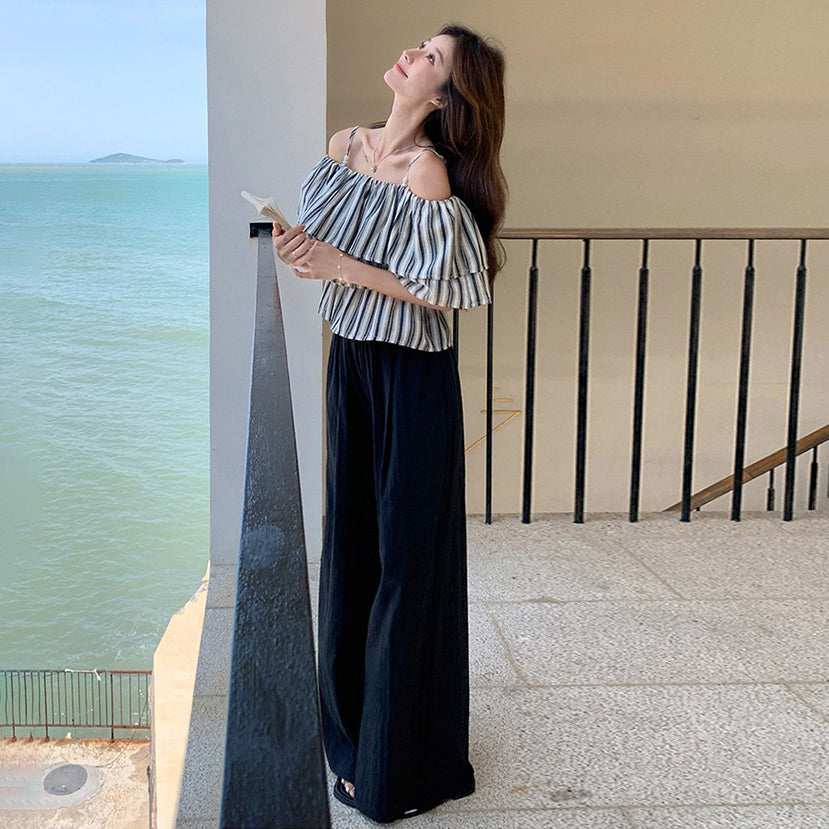 2点セット!【セットアップ】フリル付き ストライプ オフショルダーシャツ+ワイドパンツ 上下セット 夏【JZシリーズ】