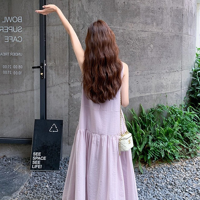 【ワンピース】フレンチ風ワンピース レディース ノースリーブ パープル フリル裾 ロング丈 マキシ丈 夏【JZシリーズ】