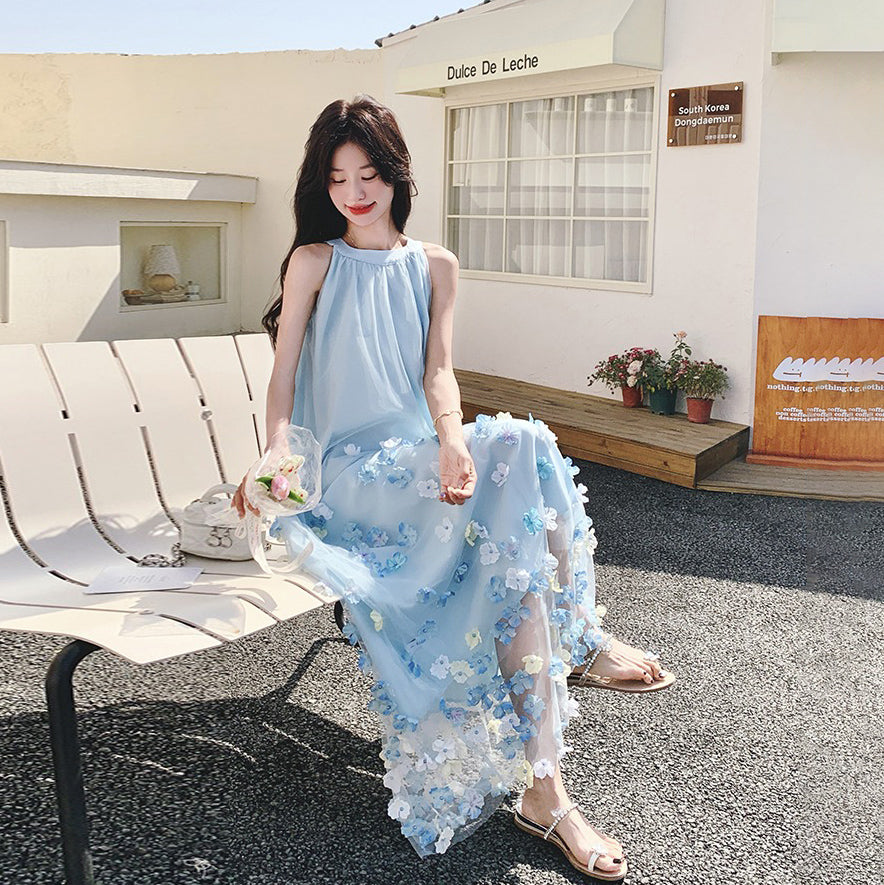 【ワンピース】夏 フレンチ風 かわいらしく優しい 立体花柄 ノースリーブワンピース【SHシリーズ】