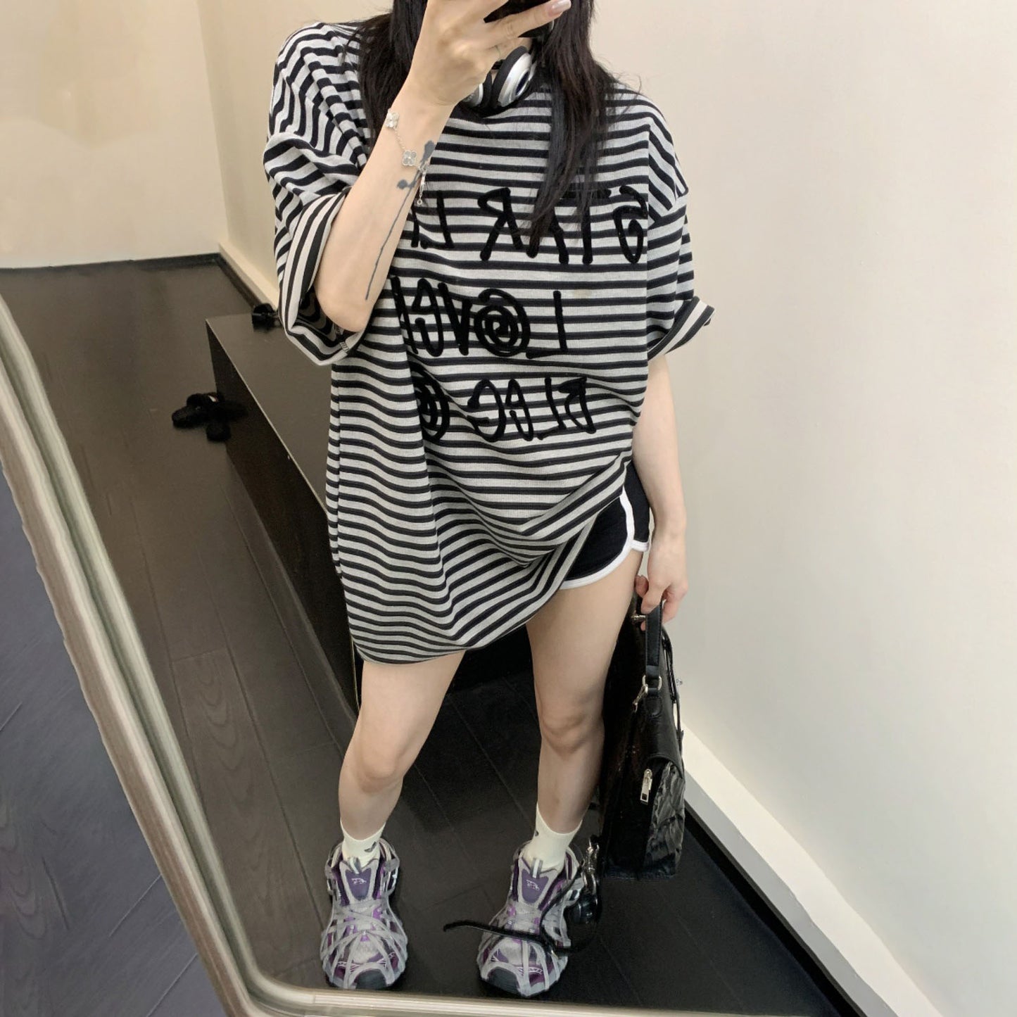 【トップス】夏 アメリカン 高級感 ニッチ フロッキープリント ストライプ Tシャツ【FCシリーズ】