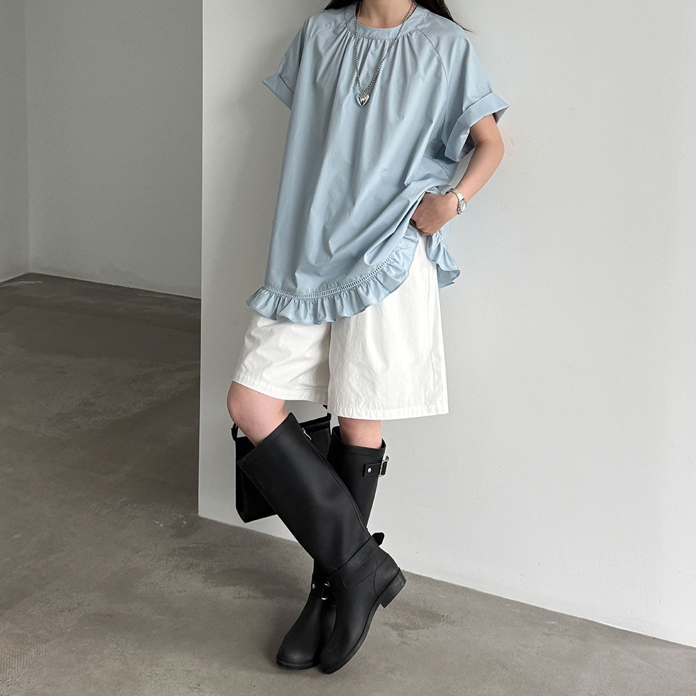 【トップス】韓国風 スモック風 ブラウス レディース 2026夏 ダーツデザイン レースフリル 透かし 通勤トップス ゆったり【JZシリーズ】