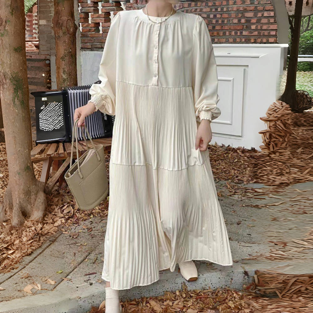 【ワンピース】春秋夏 韓国風 ゆったり プリーツ ラウンドネック 長袖ワンピース