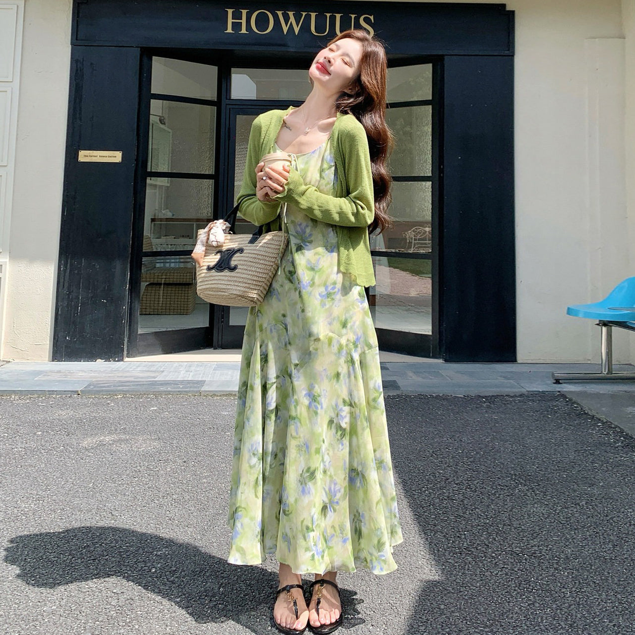 【セットアップ】森ガール風 花柄キャミワンピース+シフォンカーディガン セット レディース 夏 ロングワンピース UV対策 リゾート【SHシリーズ】