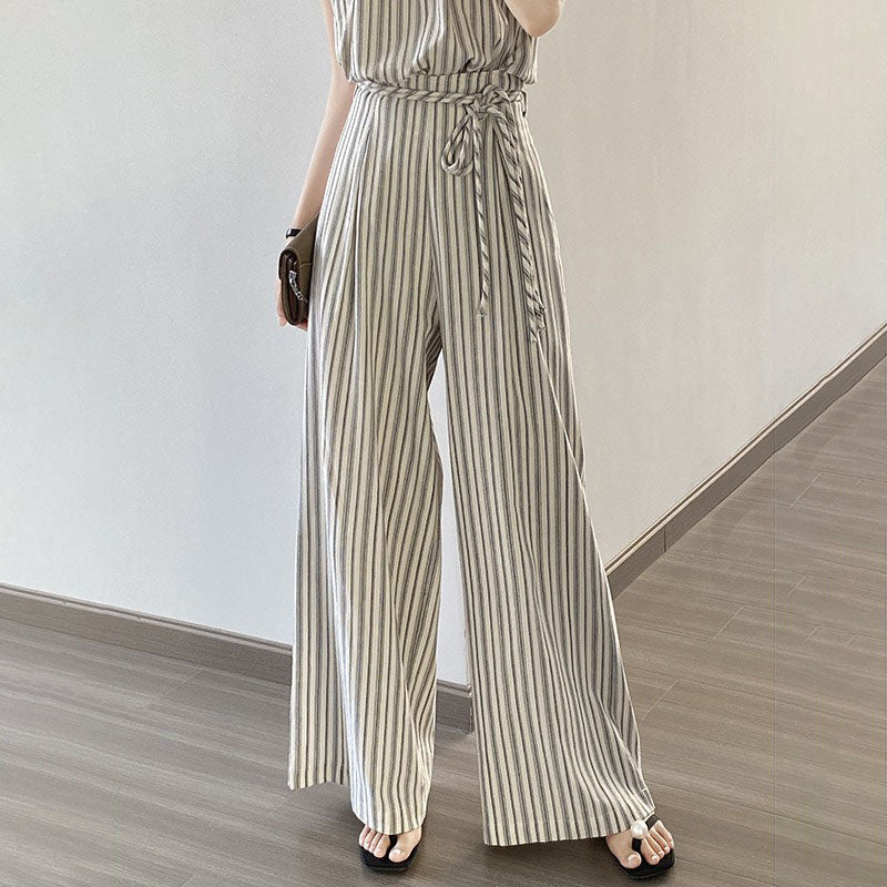 【下裝】2件組 復古條紋 夏季新品 背心+寬褲 上下裝套裝【JZ系列】