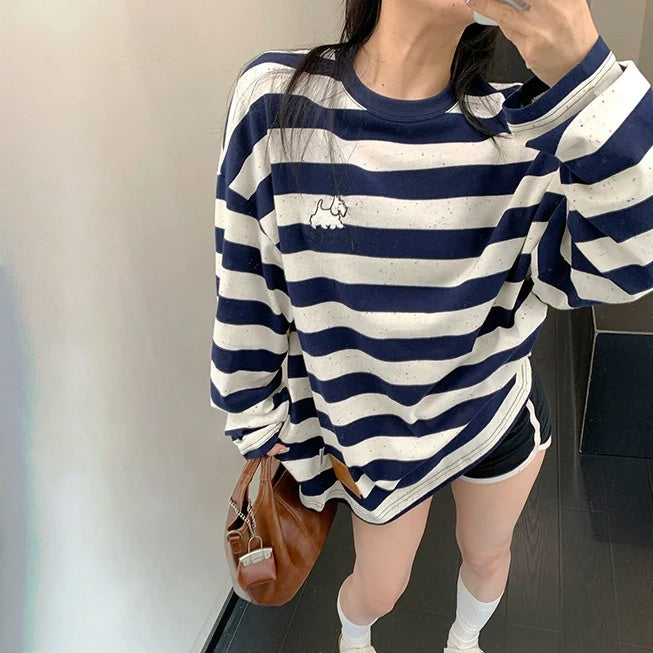 【トップス】春 秋 冬 プリント ストライプ柄 薄手 長袖 Tシャツ 【FCシリーズ】