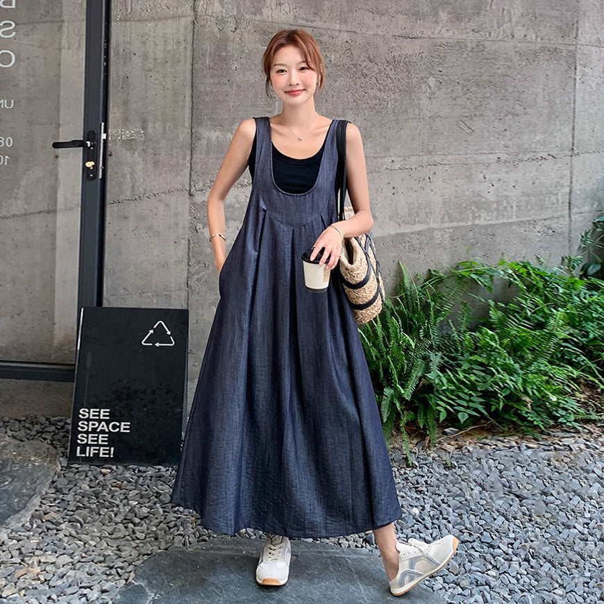 2点セット!【セットアップ】重ね着でおしゃれ ノースリーブ デニムサロペットワンピースセット レディース 夏 学院風 若見え スリム見え 体型カバー【JZシリーズ】