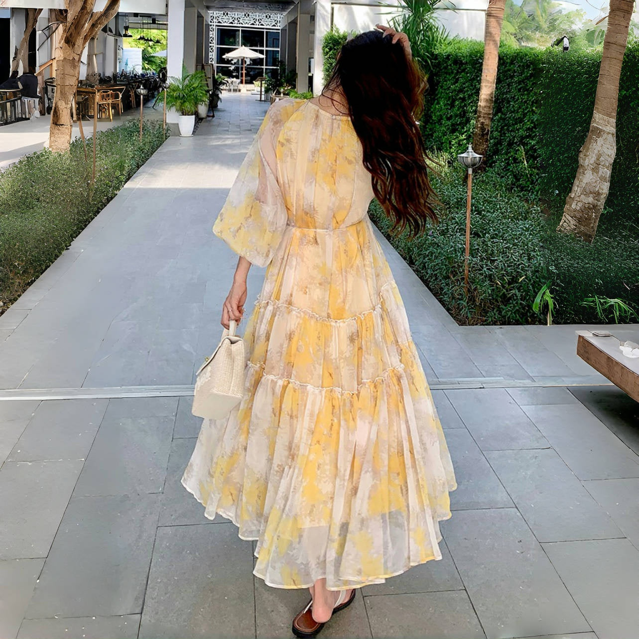 【ワンピース】花柄 長袖ワンピース レディース 高級感 細見え リゾート風 フェミニン ロングビーチドレス【SHシリーズ】