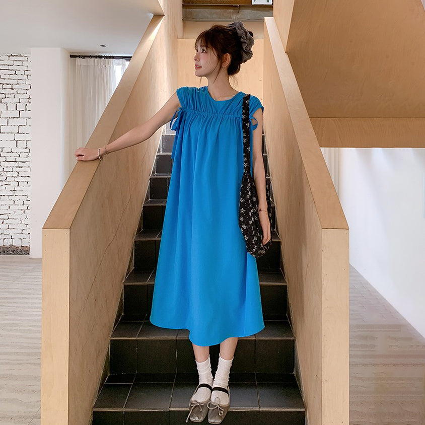 【ワンピース】韓国風 無地ルーズ ノースリーブワンピース 夏 抽紐デザイン ビーチリゾートロングドレス【JZシリーズ】