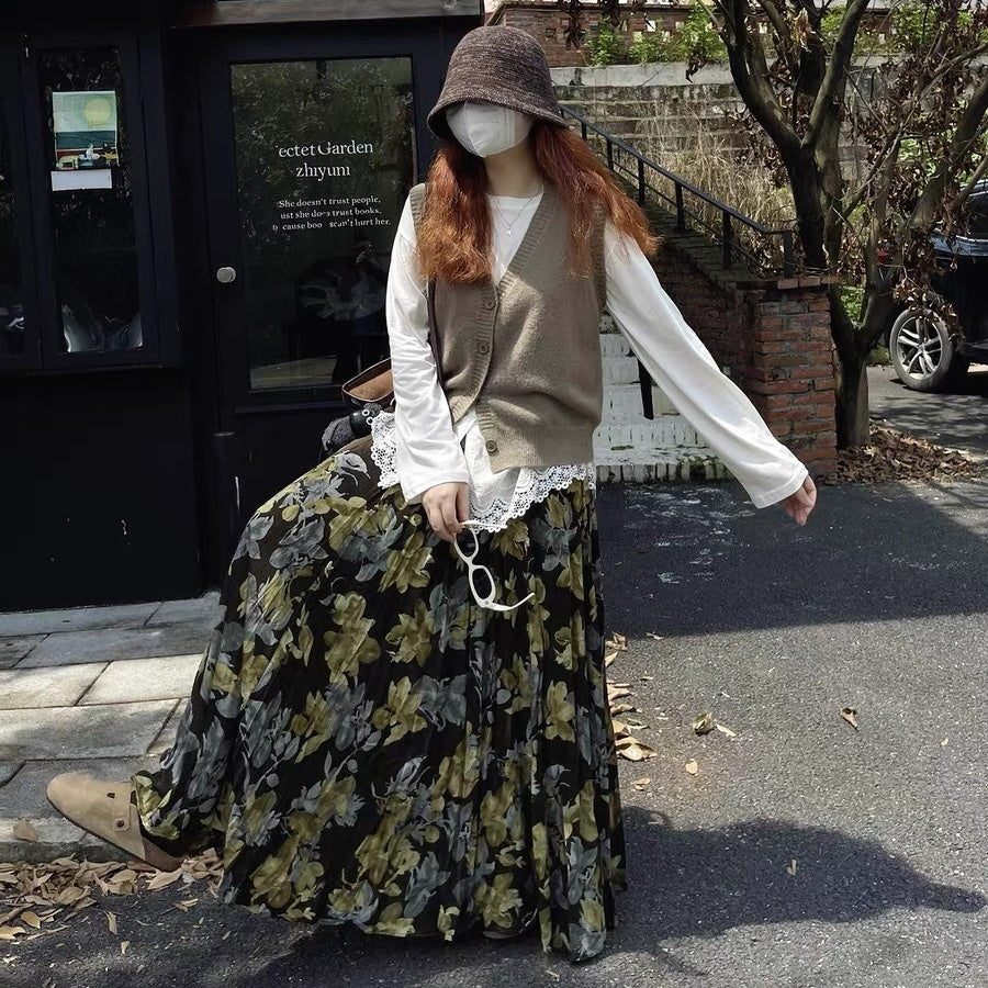 【ボトムス】春 秋 冬 ヴィンテージ風 雰囲気たっぷり 花柄スカート 【SHシリーズ】
